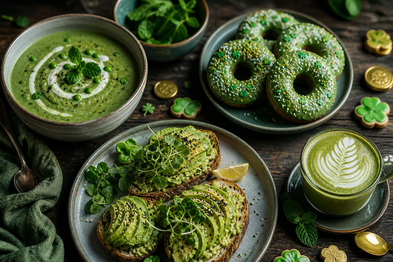 Assorted Green Dishes and Treats for St Patrick's Day