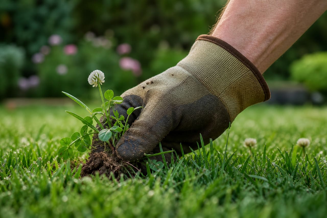 Gardener Removing Clover Weeds from a Green Lawn