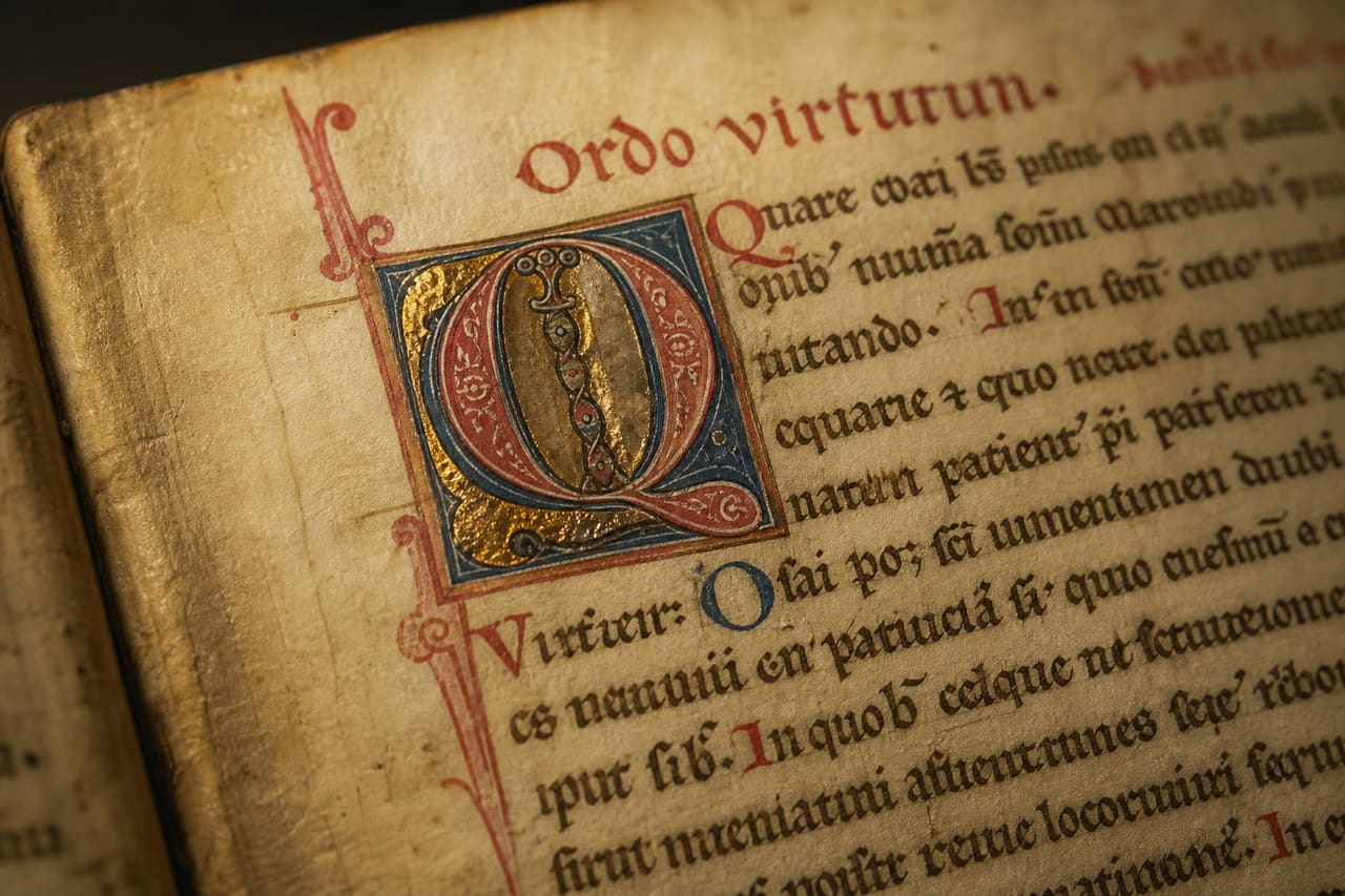 Ancient Medieval Manuscript Page with Ordo Virtutum Text