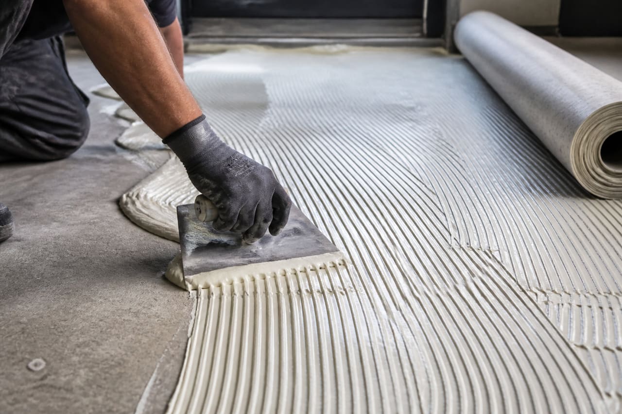 Professional Installer Applying Linoleum Floor Adhesive to Concrete