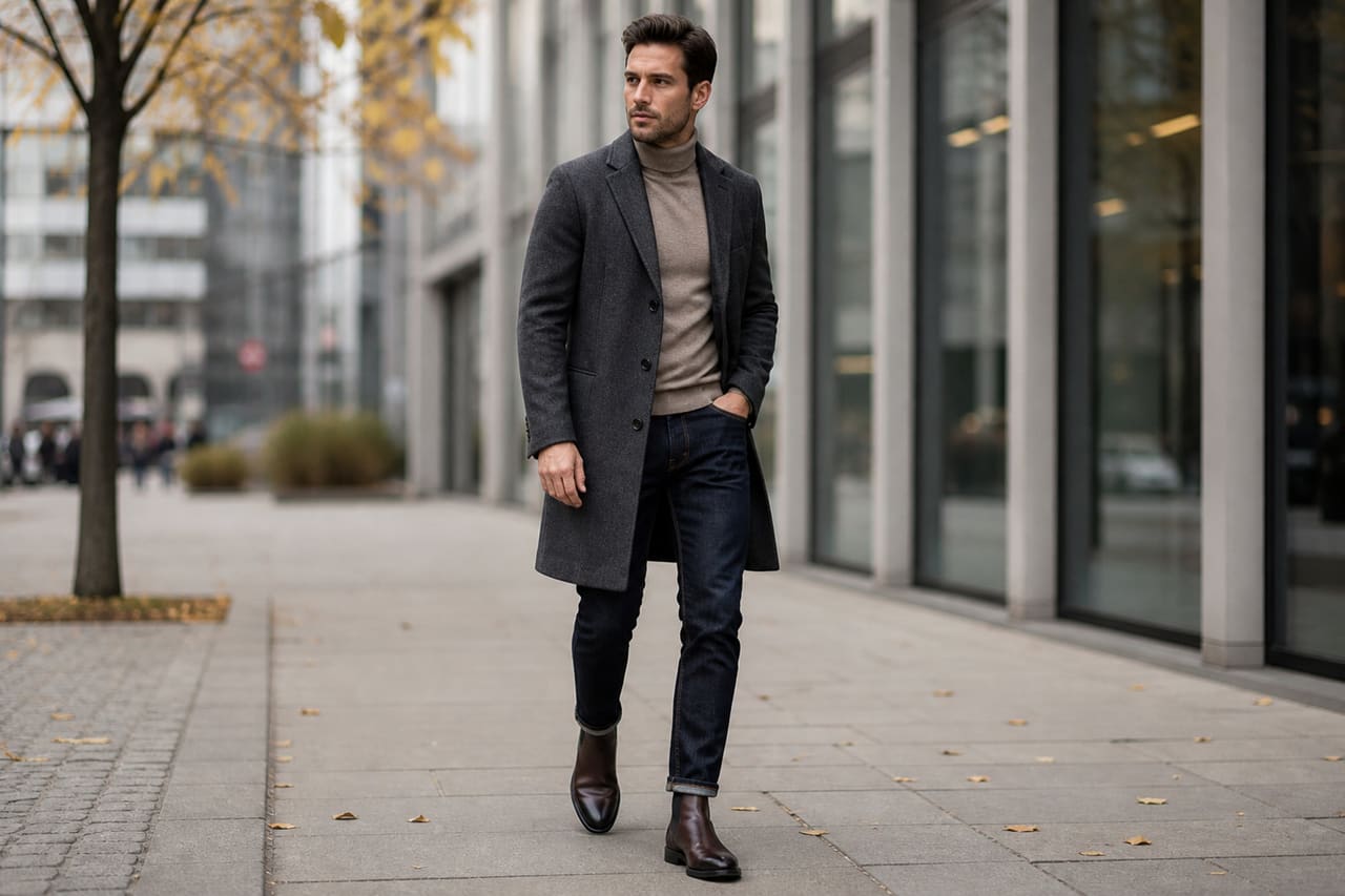 Man Wearing Charcoal Long Coat and Indigo Jeans in City