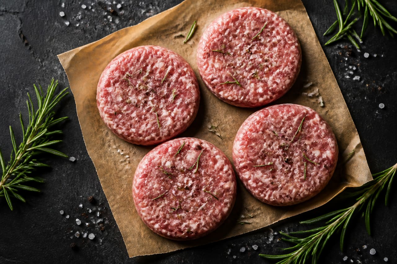 Raw Sausage Meat Patties Arranged on Parchment Paper