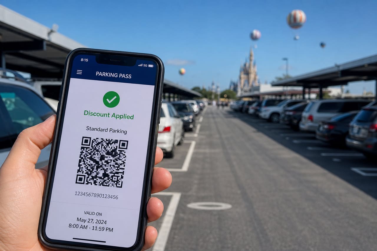 Smartphone Displaying a Parking Discount at a Theme Park Lot
