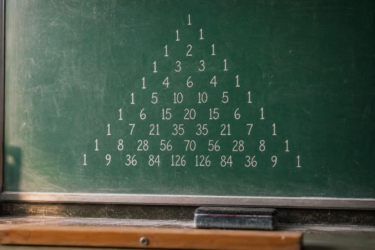Handwritten Pascal Triangle on a Chalkboard in a Classroom