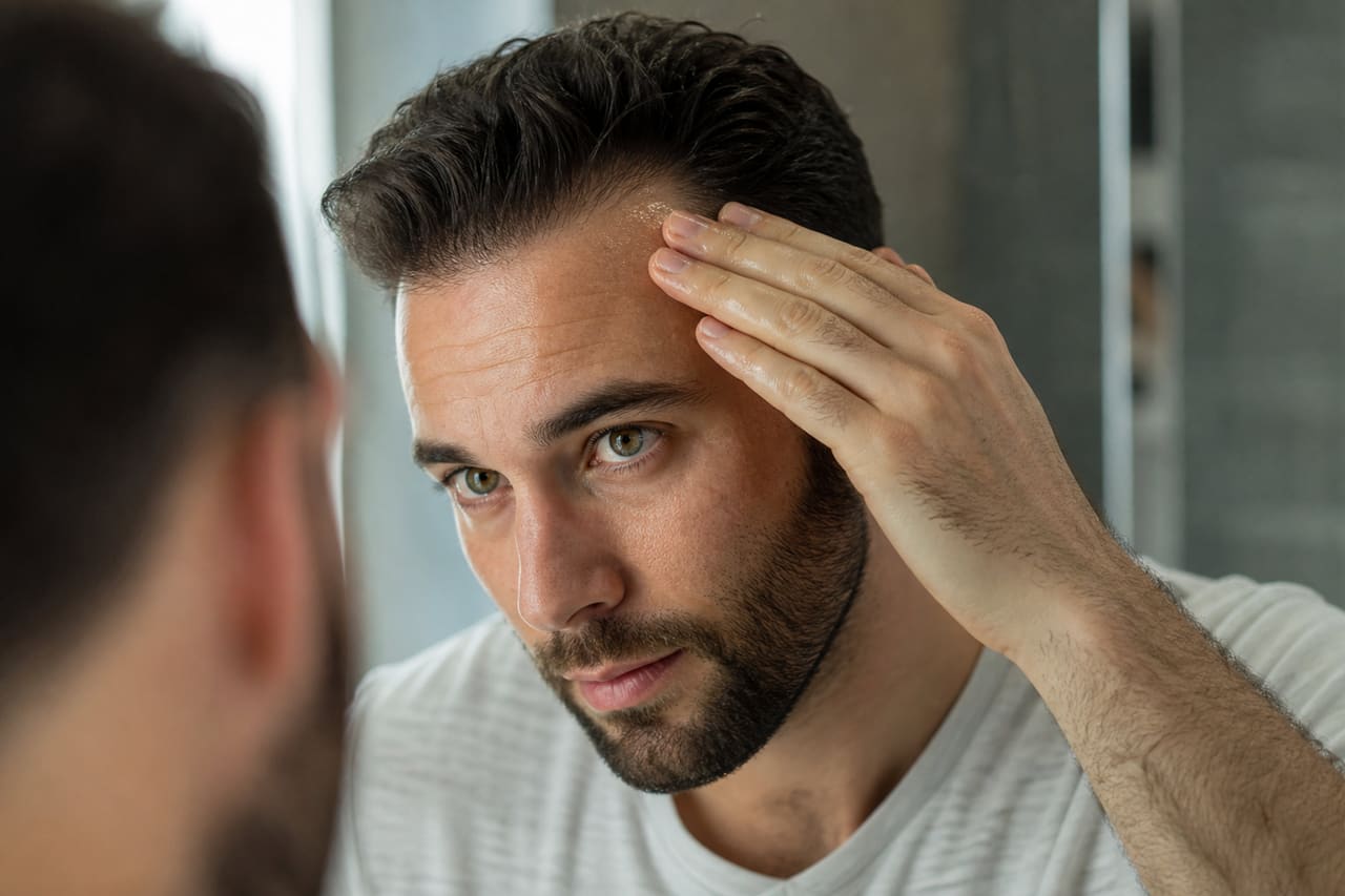 Man Applying Hair Growth Serum to Receding Hairline