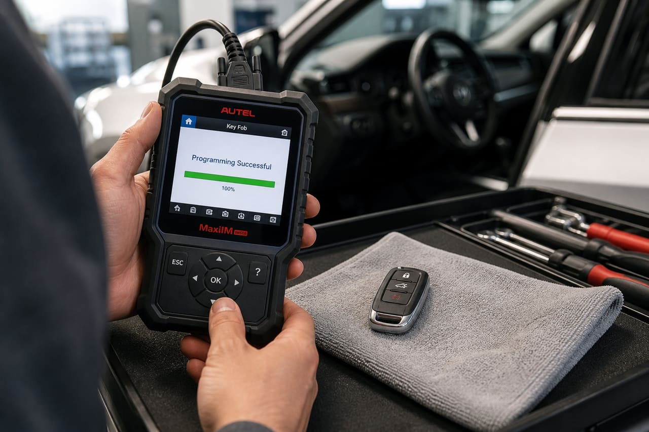 Technician Using Diagnostic Scanner for Key Fob Programming