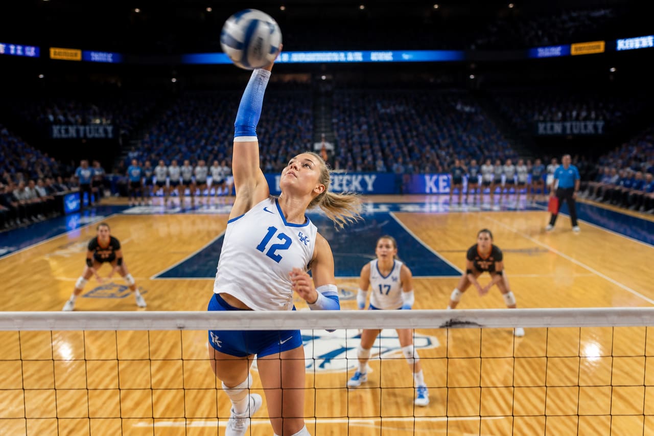 Professional Volleyball Players Competing on an Indoor Court