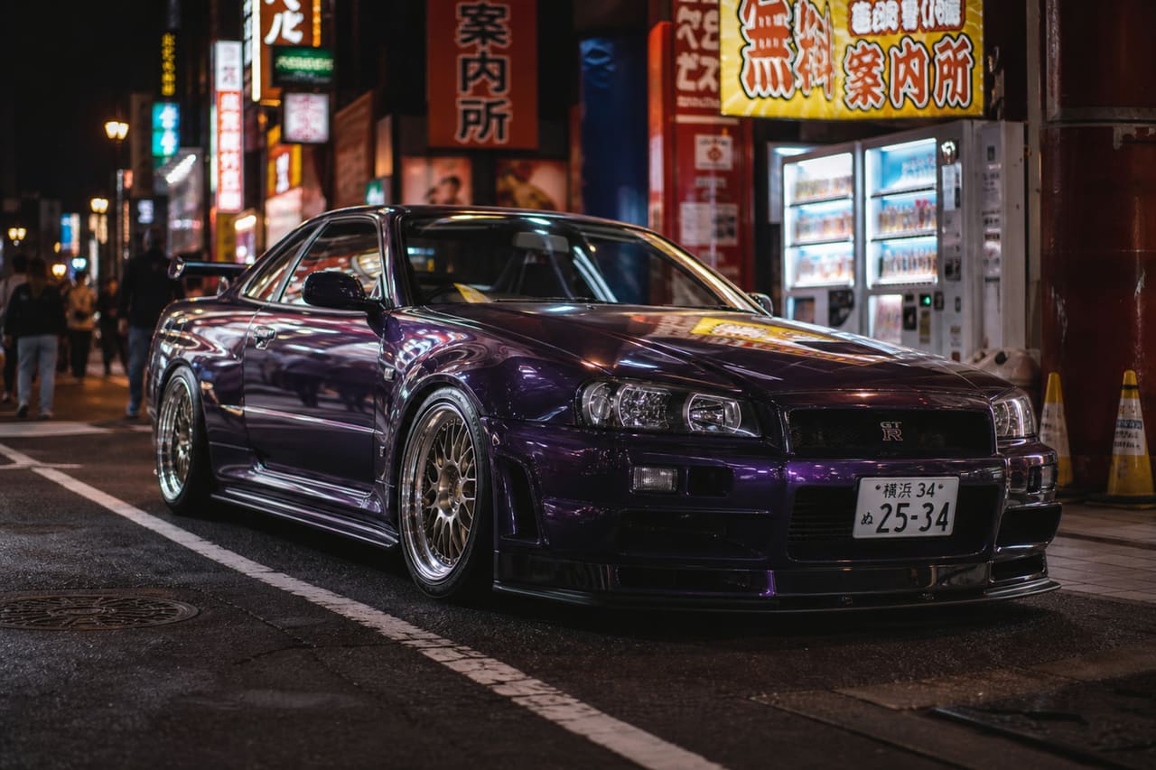 Modified Japanese Performance Car on Neon Lit Tokyo Street
