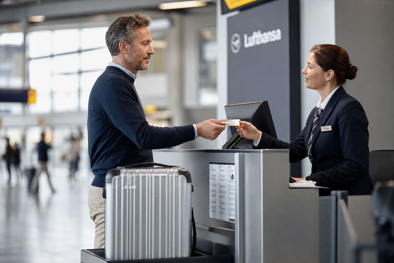Traveler Paying for Extra Luggage at Airport Check-in Counter