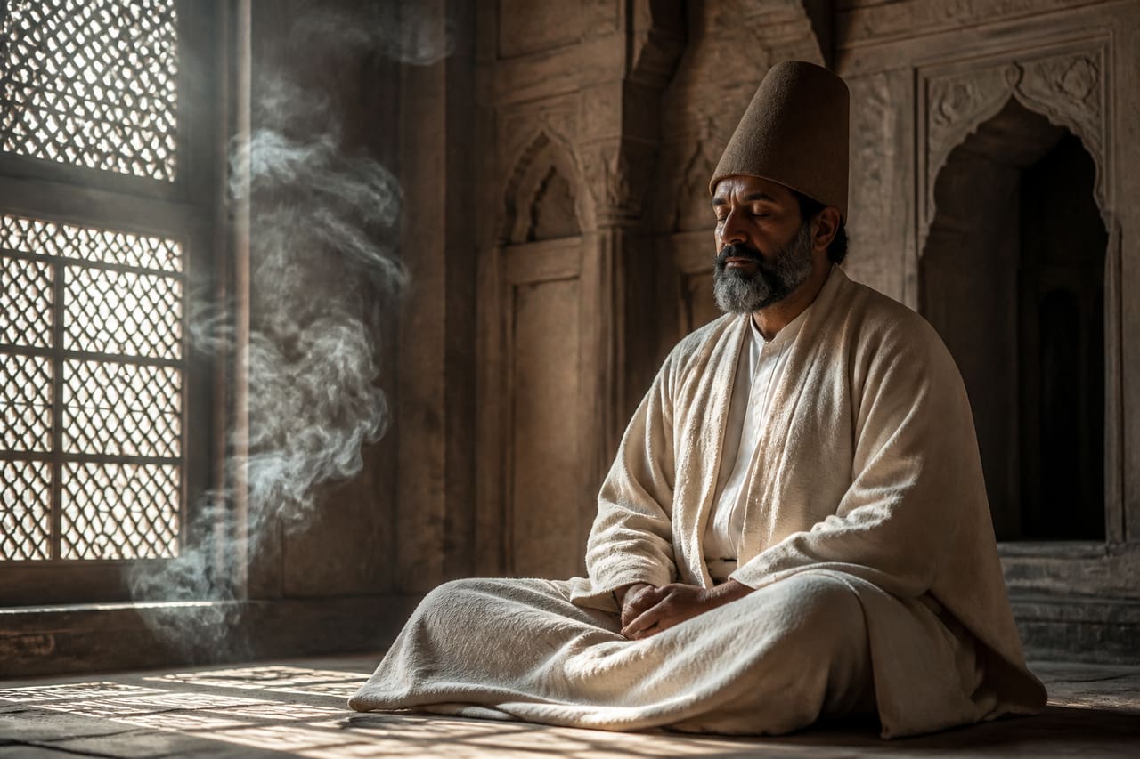 Mystical Sufi Dervish Meditating in a Traditional Courtyard