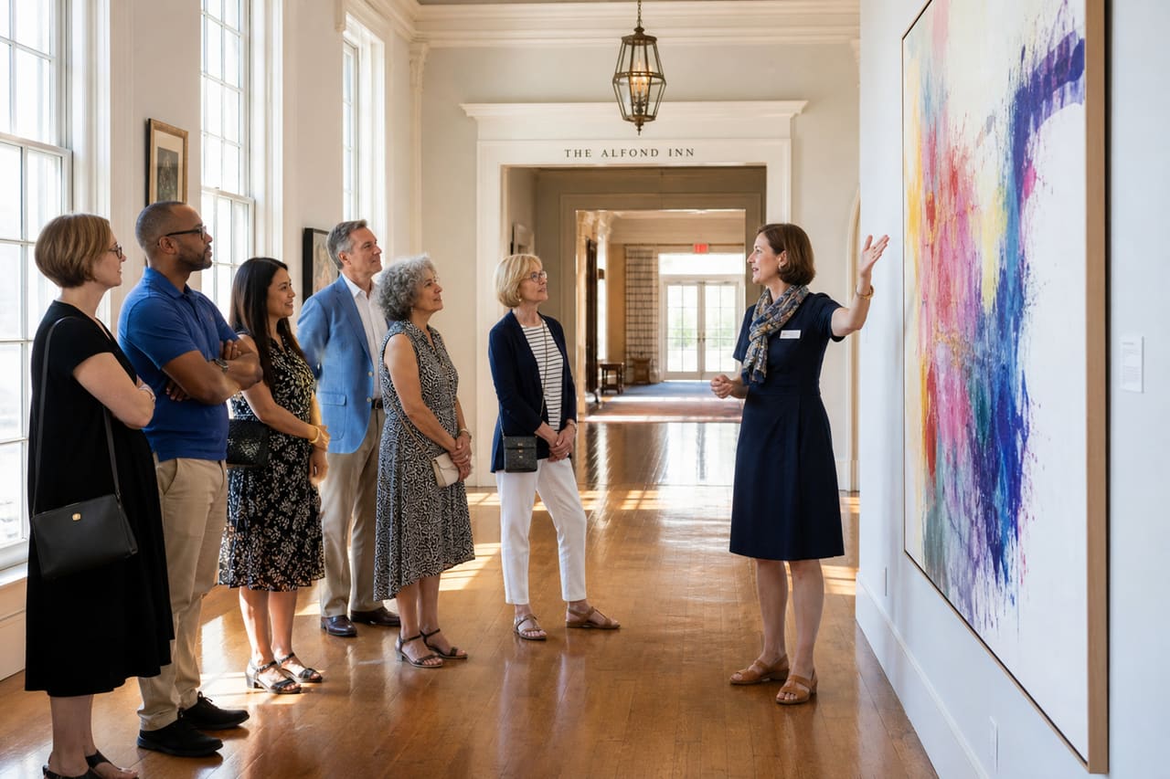 Group Taking an Art Tour Inside an Elegant Inn Gallery