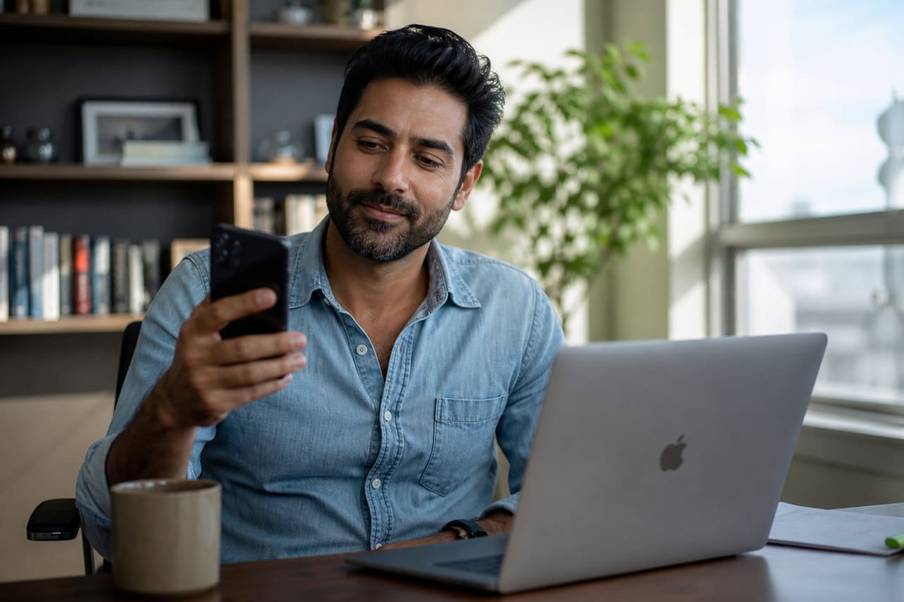 Charismatic Man Using Smartphone in Modern Home Office