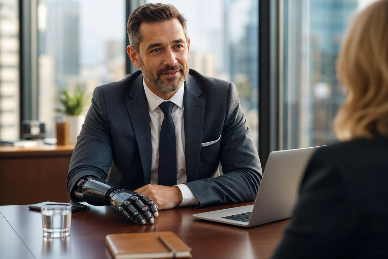 Successful Executive with Prosthetic Arm in Modern Office