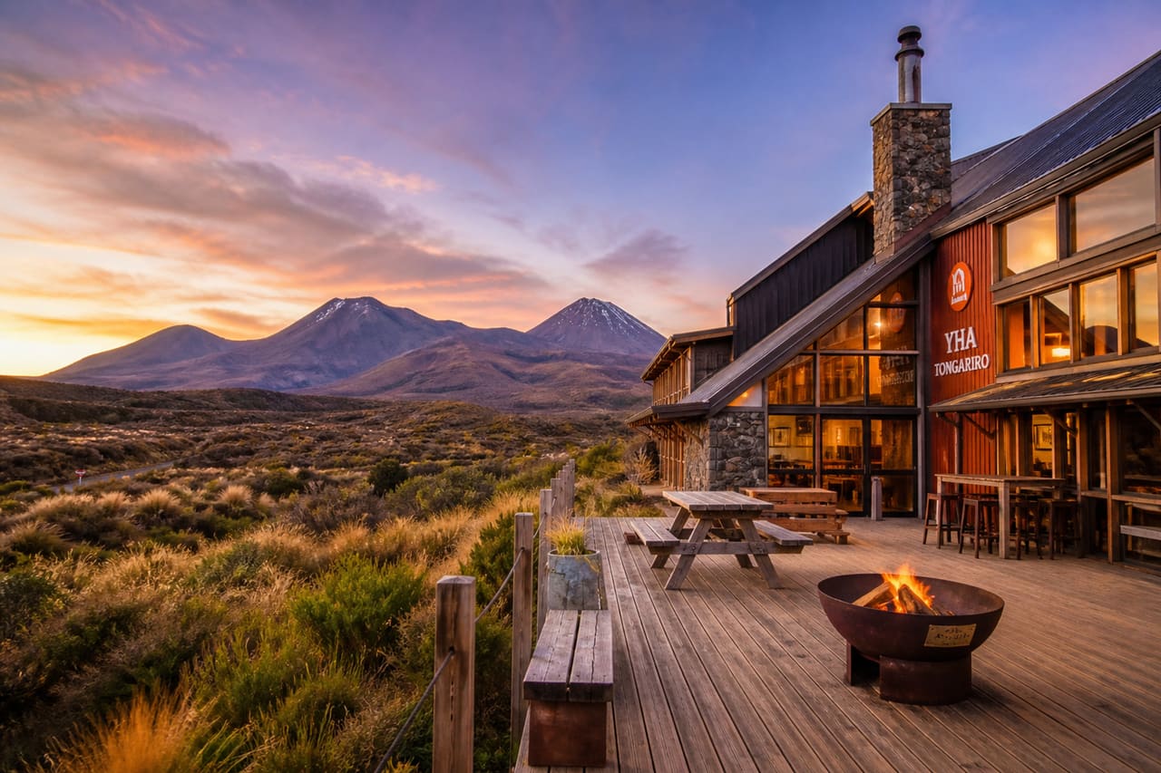 Tongariro Yha Hostel Exterior with Volcanic Mountain Backdrop
