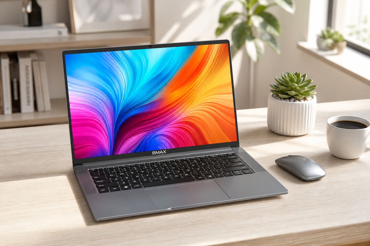 Modern Bmax Laptop on a Minimalist Wooden Desk