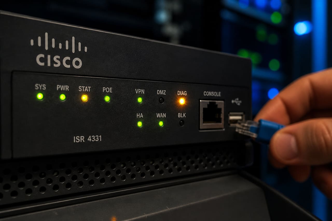 Network Engineer Troubleshooting Cisco Router with Warning LED