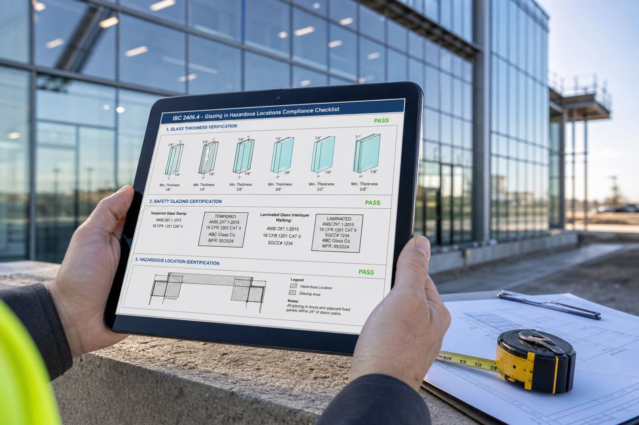Inspector Checking Glazing Code Compliance on a Digital Tablet