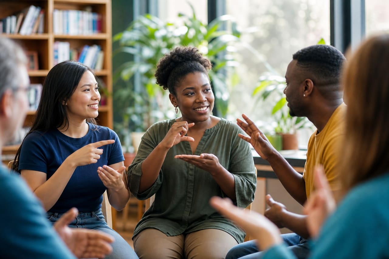 Diverse Group of People Communicating Using Sign Language in a Community Center