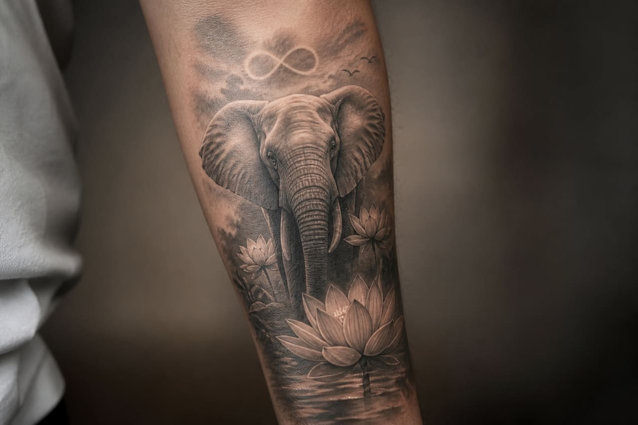 Detailed Elephant Memorial Tattoo on a Person's Forearm