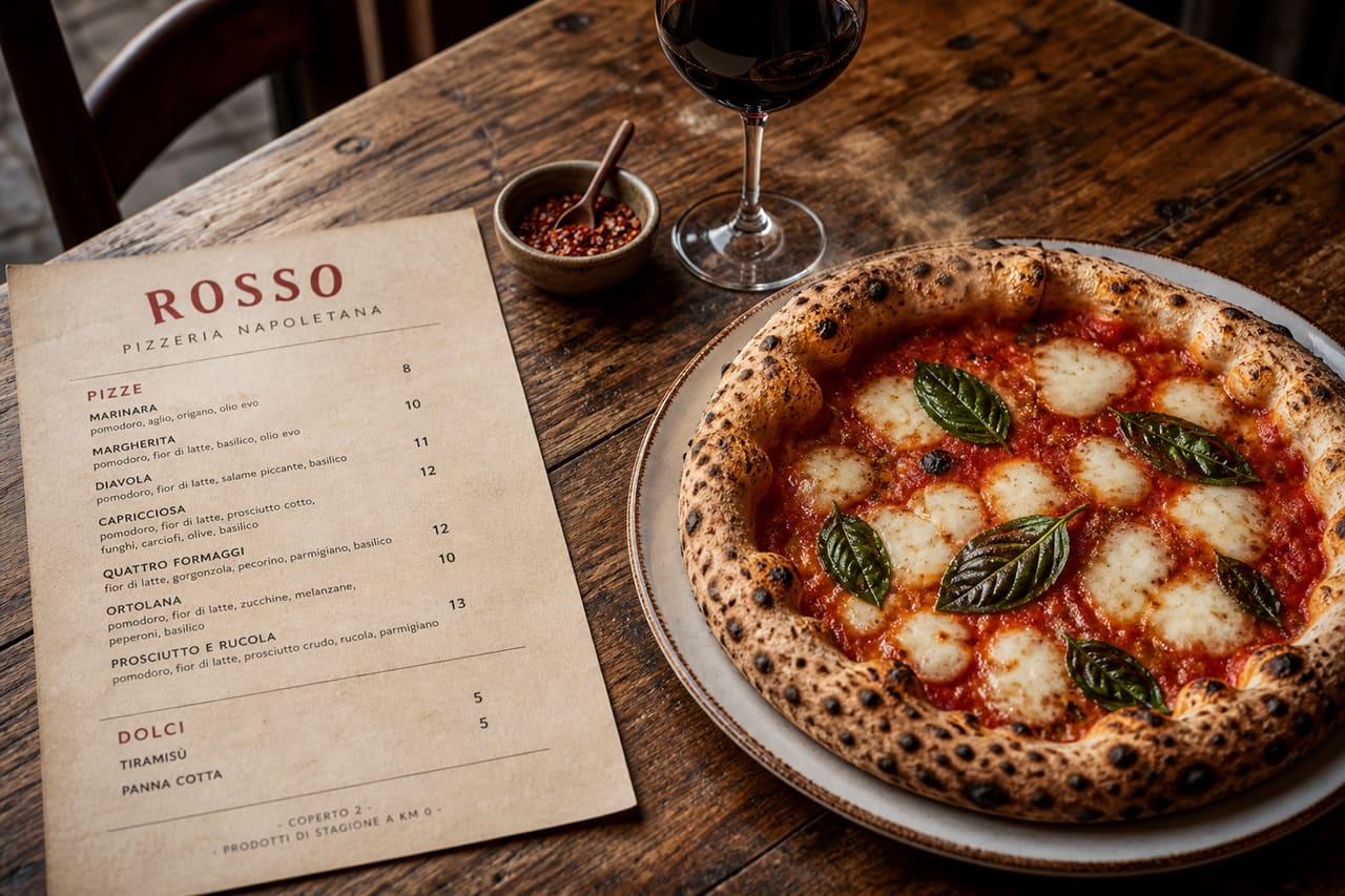 Rustic Pizza Menu and Fresh Margherita Pizza on Wooden Table