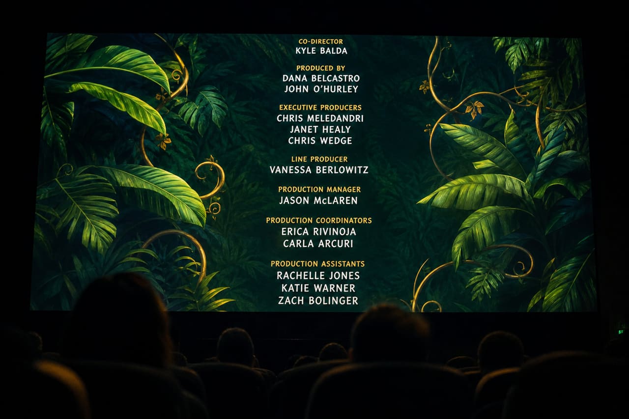 Movie Theater Screen Displaying Animated Jungle Film Credits