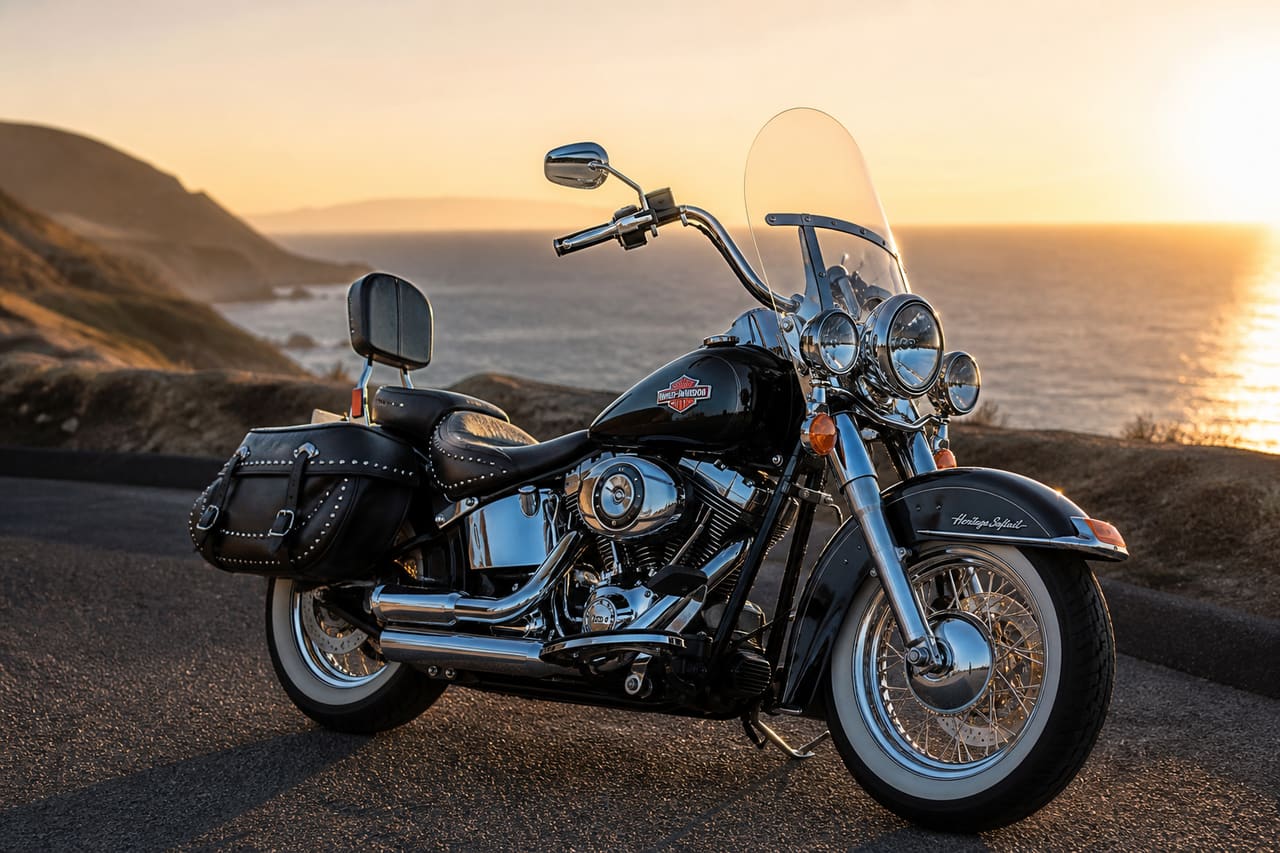 2011 Harley Davidson Heritage Softail Classic Parked on Coastal Road
