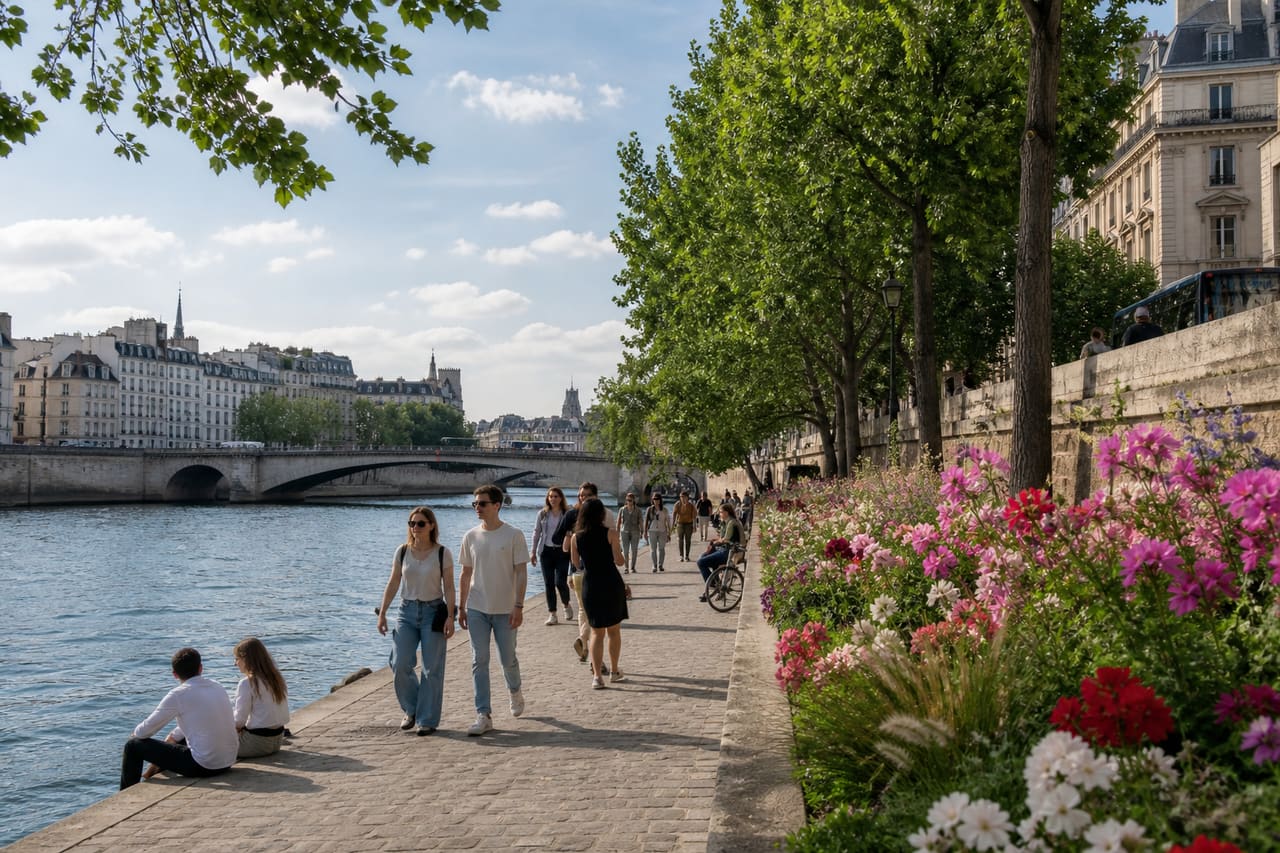 People Walking Along the Seine River in Paris During Late Spring