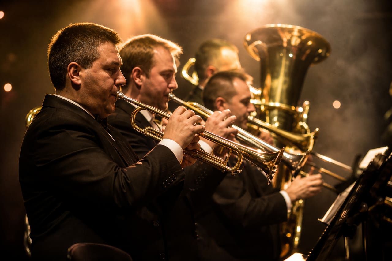 Professional Musicians Performing with a Brass Band on Stage