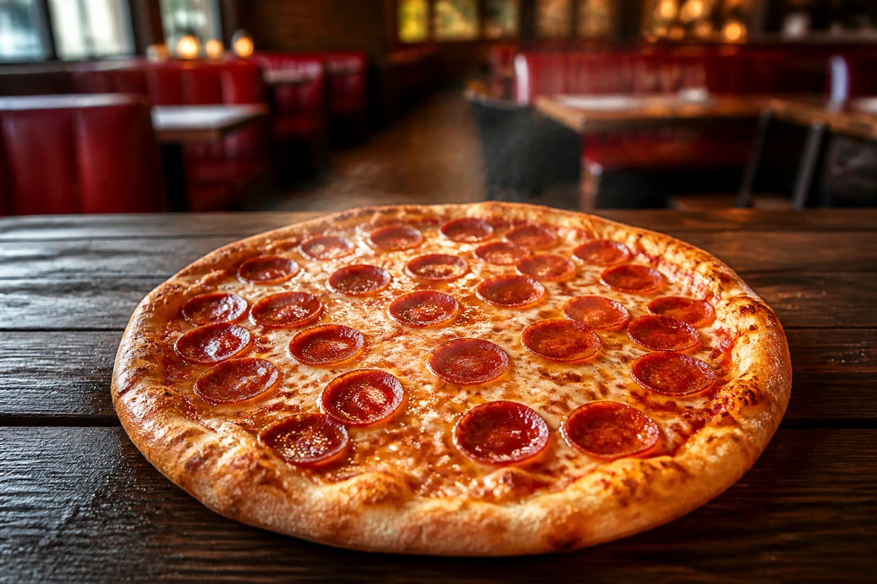 Fresh Pepperoni Pizza on a Wooden Table in a Casual Dining Restaurant
