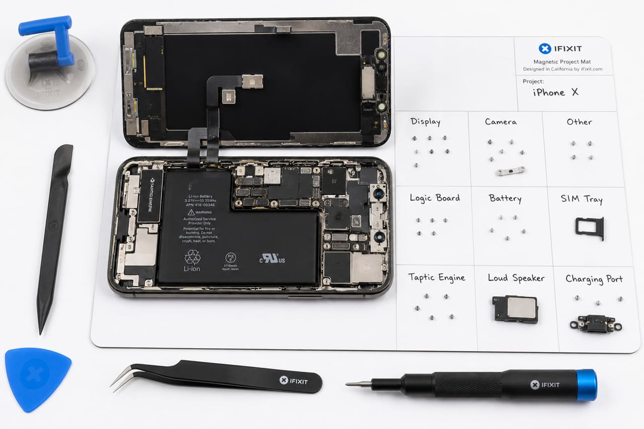 Disassembled Iphone X with Precision Repair Tools on White Mat