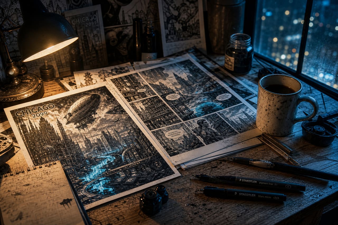 Comic Book Artist Drawing Alternate Reality Chicago Cityscape