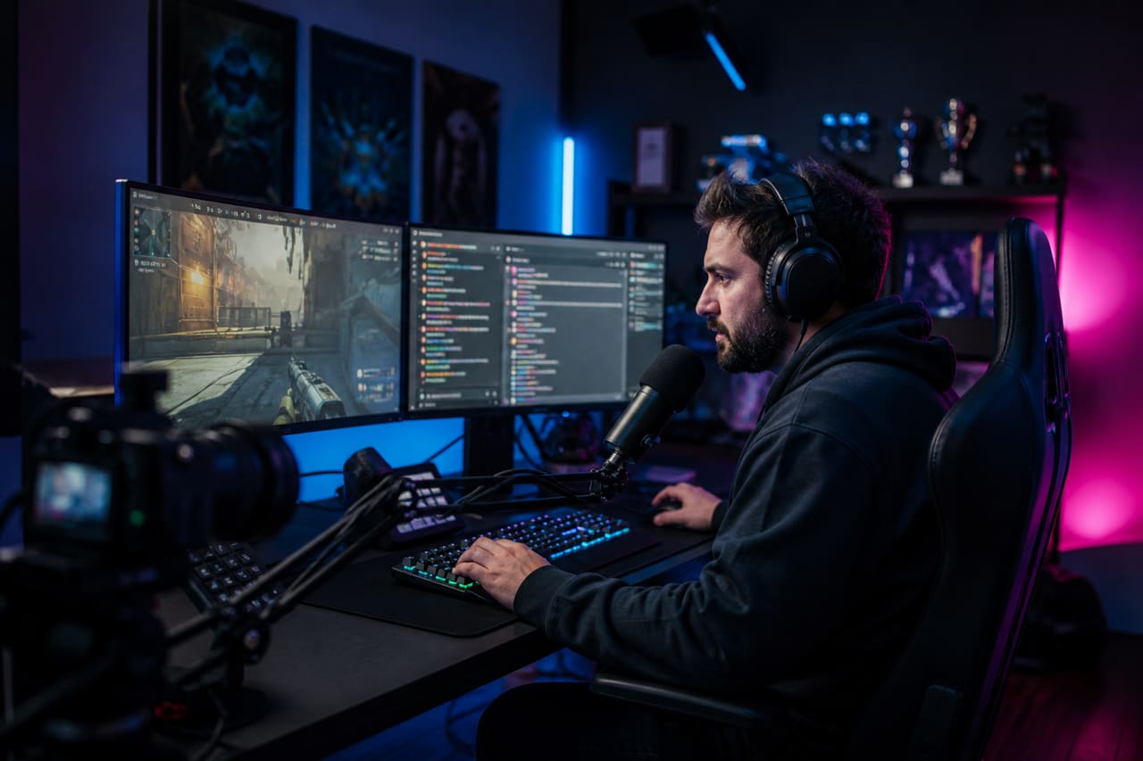 Professional Streamer Gaming in a High-Tech Studio Setup
