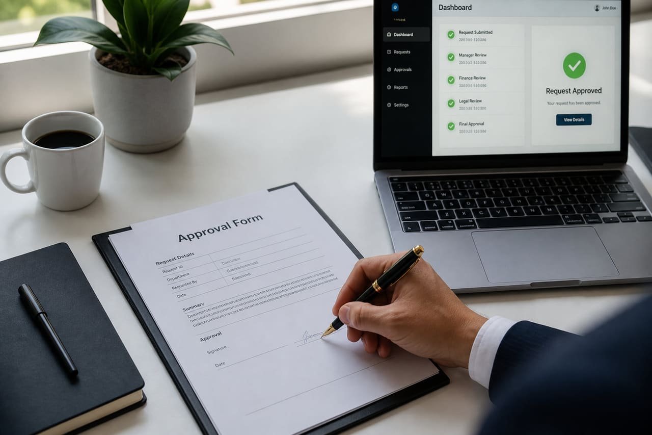 Executive Signing a Document During Approval Processing