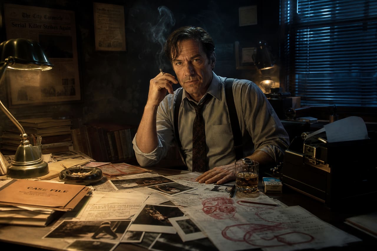 Psychological Profiler Analyzing Evidence in a Dark Forensic Office