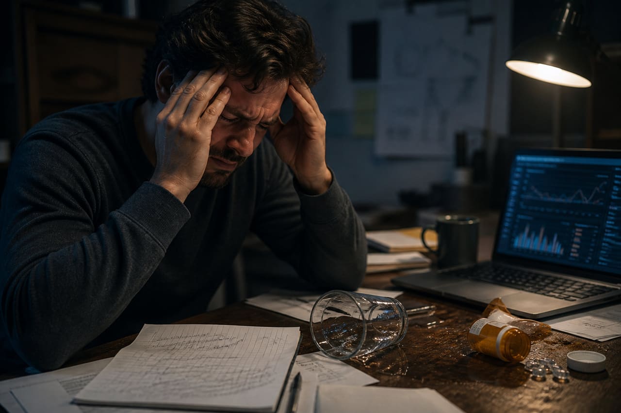 Stressed Man Clutching Head at Desk with Medication