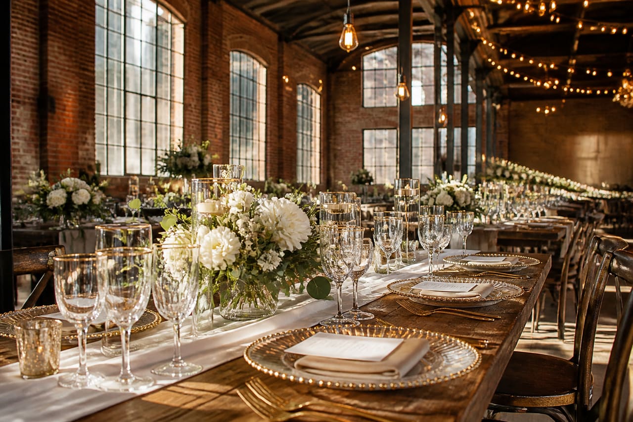 Elegant Wedding Reception Setup at an Industrial Chic Venue