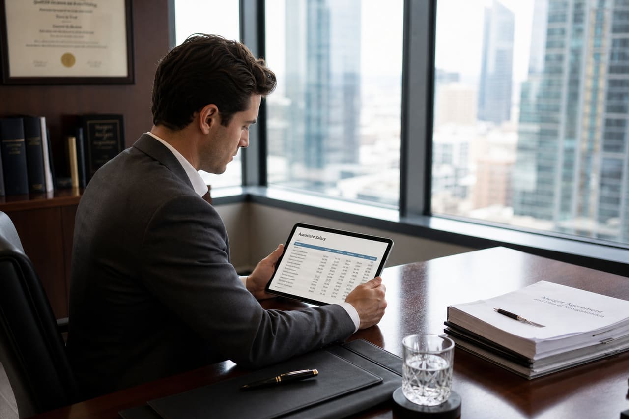 Associate Lawyer Reviewing Salary Data in Modern Office