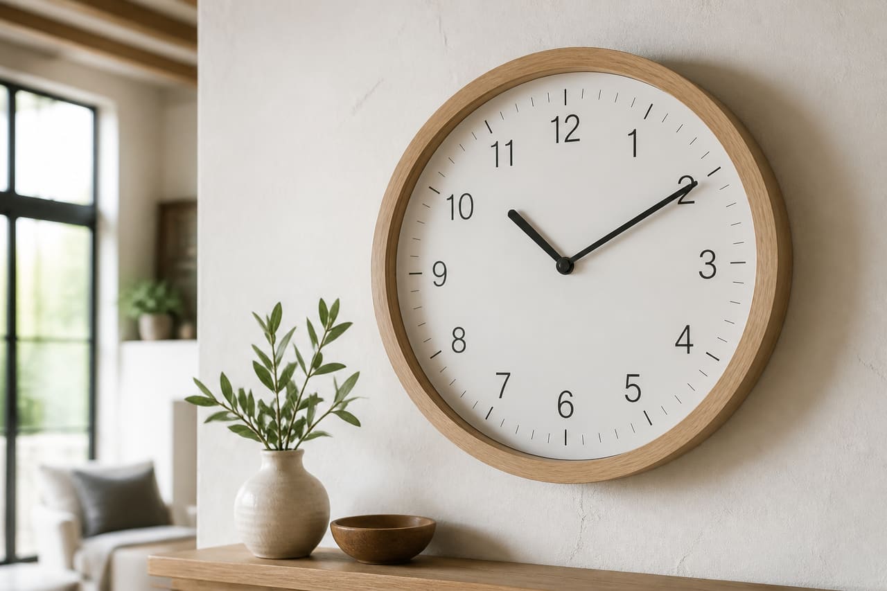 Laurel Foundry Modern Farmhouse Natural Wood Wall Clock on a Neutral Wall