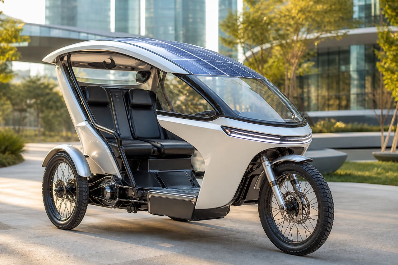 Modern Solar Powered Tricycle Parked on a Sunny Urban Path