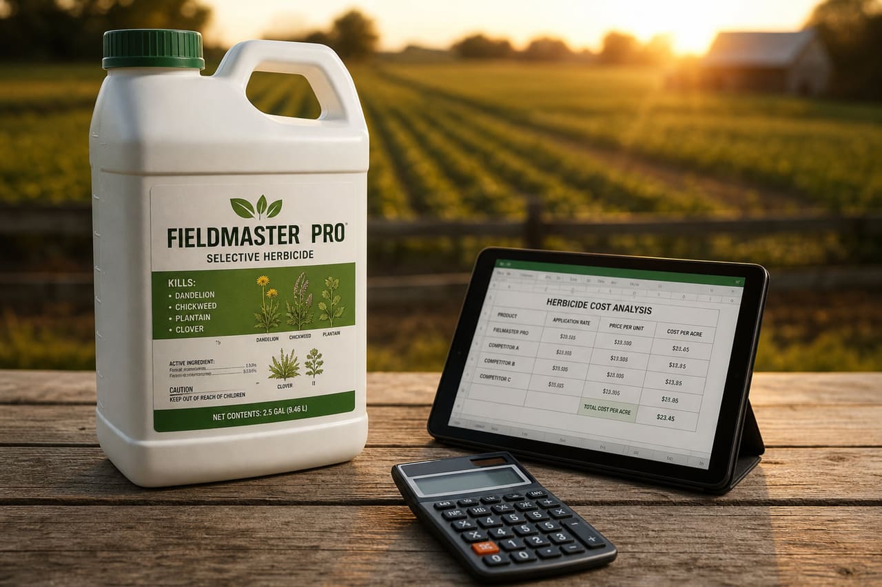Herbicide Jug and Pricing Tablet on a Farm Table