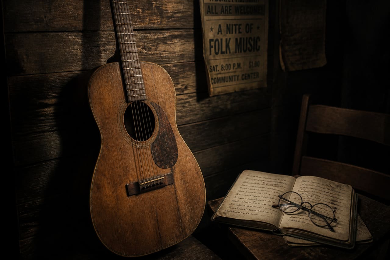 Vintage Acoustic Guitar and Lyric Notebook in Rustic Room