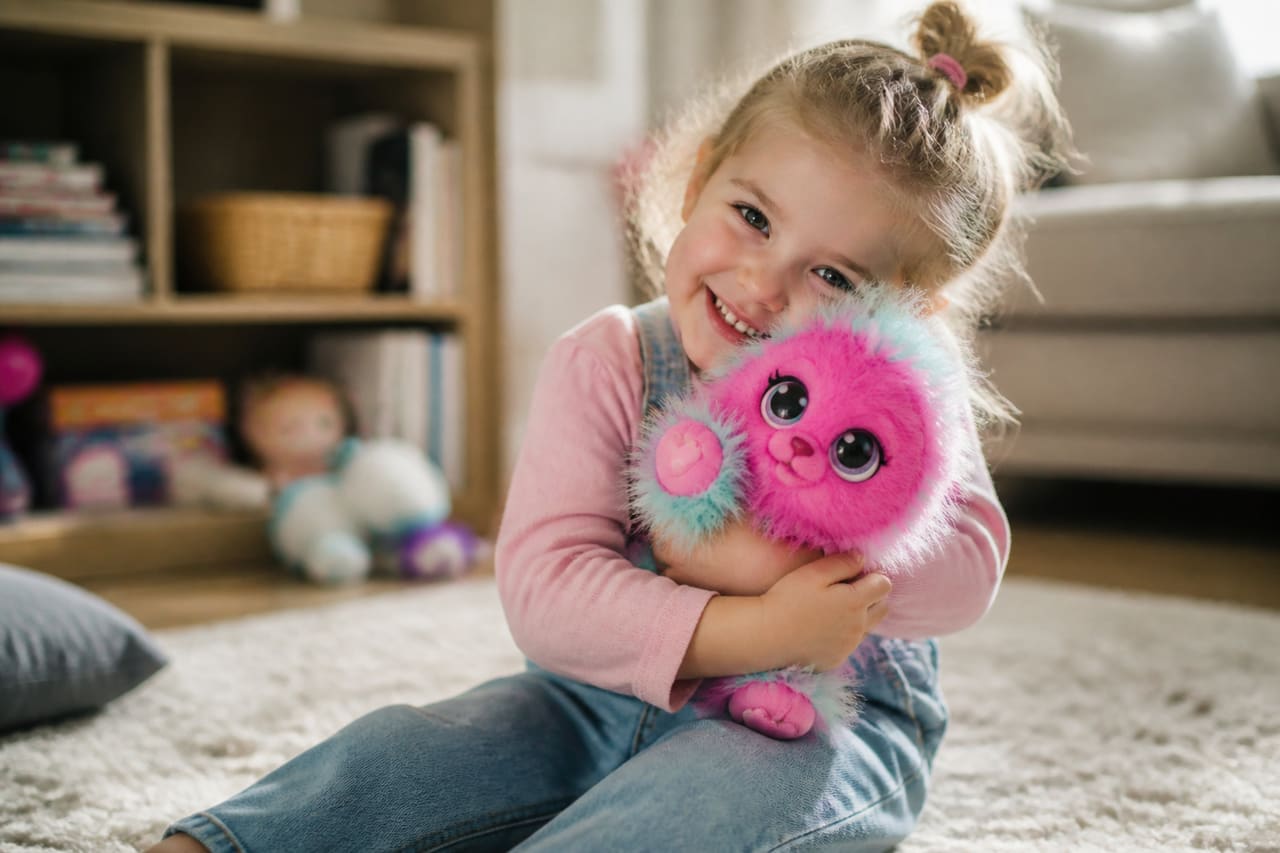 Child Hugging a Colorful Scruff-a-Luvs Plush Toy in a Living Room