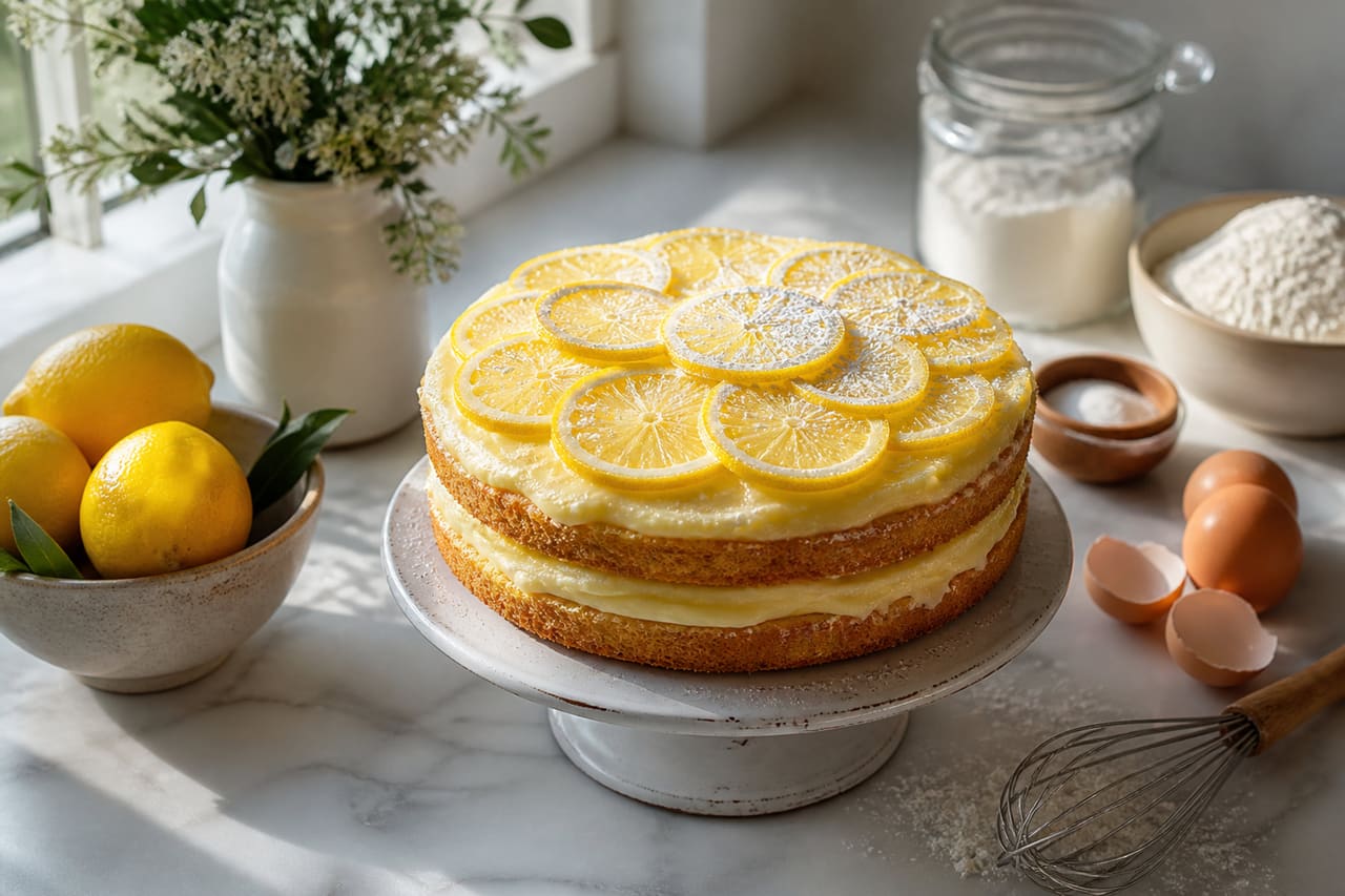 Homemade Lemon Cake with Fresh Citrus Slices on Marble