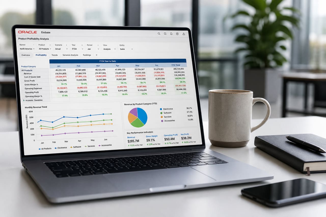 Financial Analyst Reviewing Essbase Reporting Dashboard on Laptop