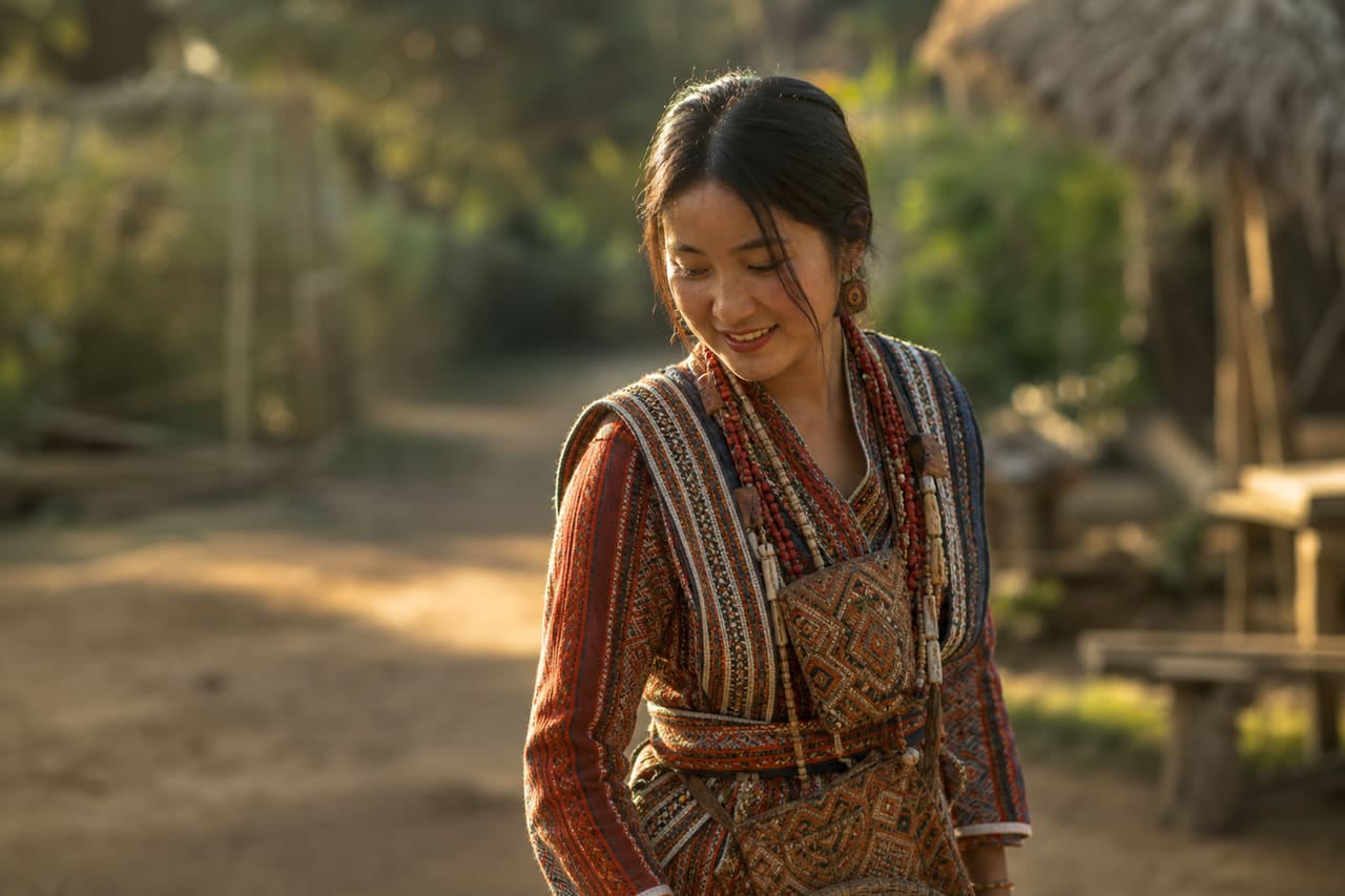 Person Wearing Intricate Traditional Tribal Clothes in Rural Village