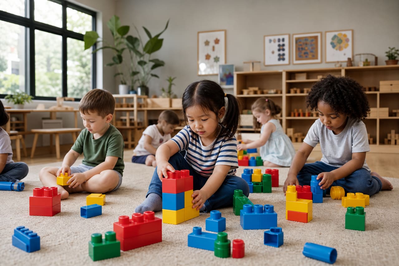 Children Playing with Colorful Educational Blocks in a Modern Preschool Classroom