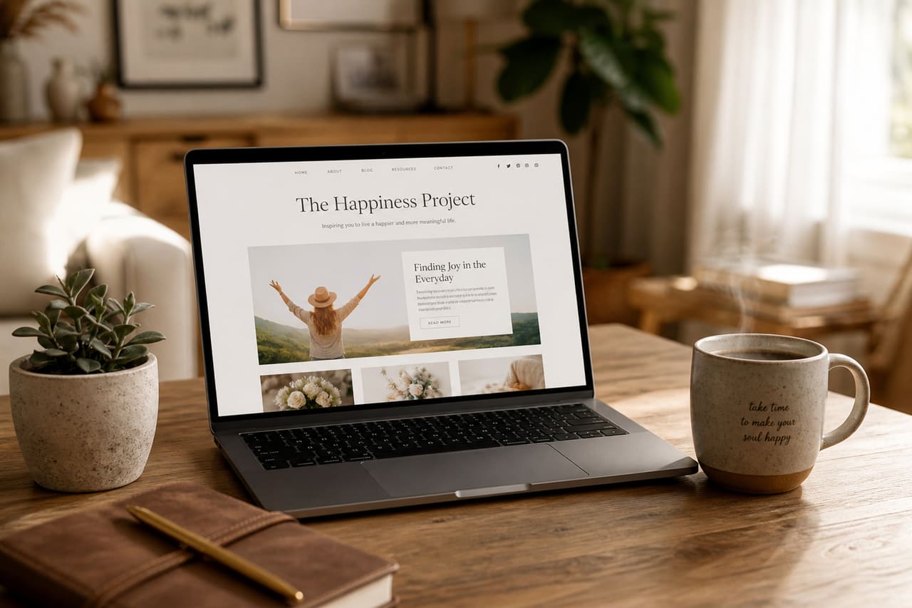 Laptop Displaying a Wellness Blog on a Sunny Desk