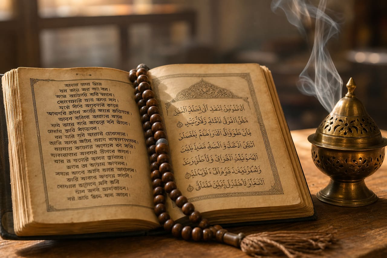 Open Quran and Prayer Beads with Bengali Calligraphy on Wooden Table