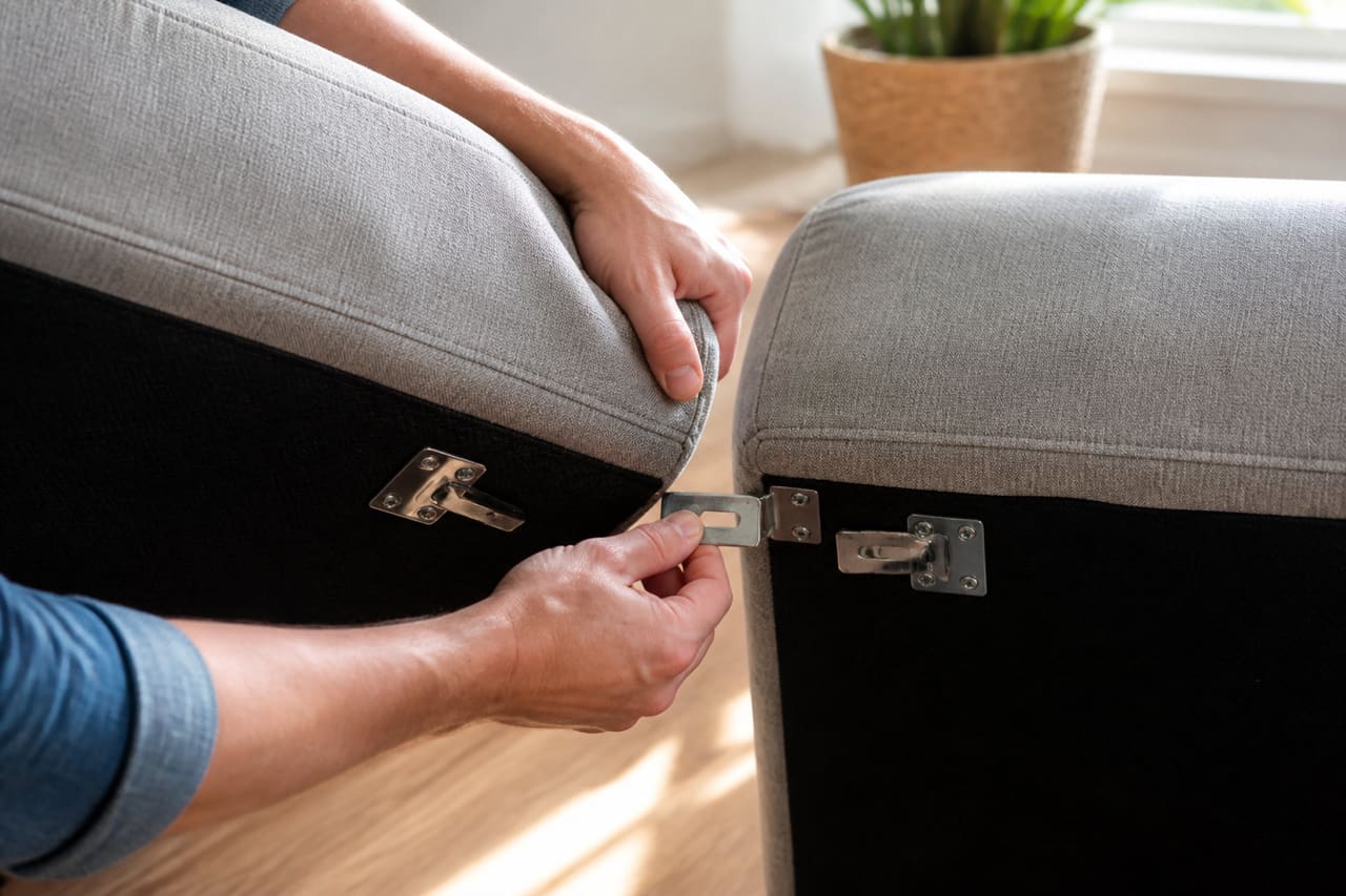 Hands Separating a Sectional Sofa in a Modern Living Room