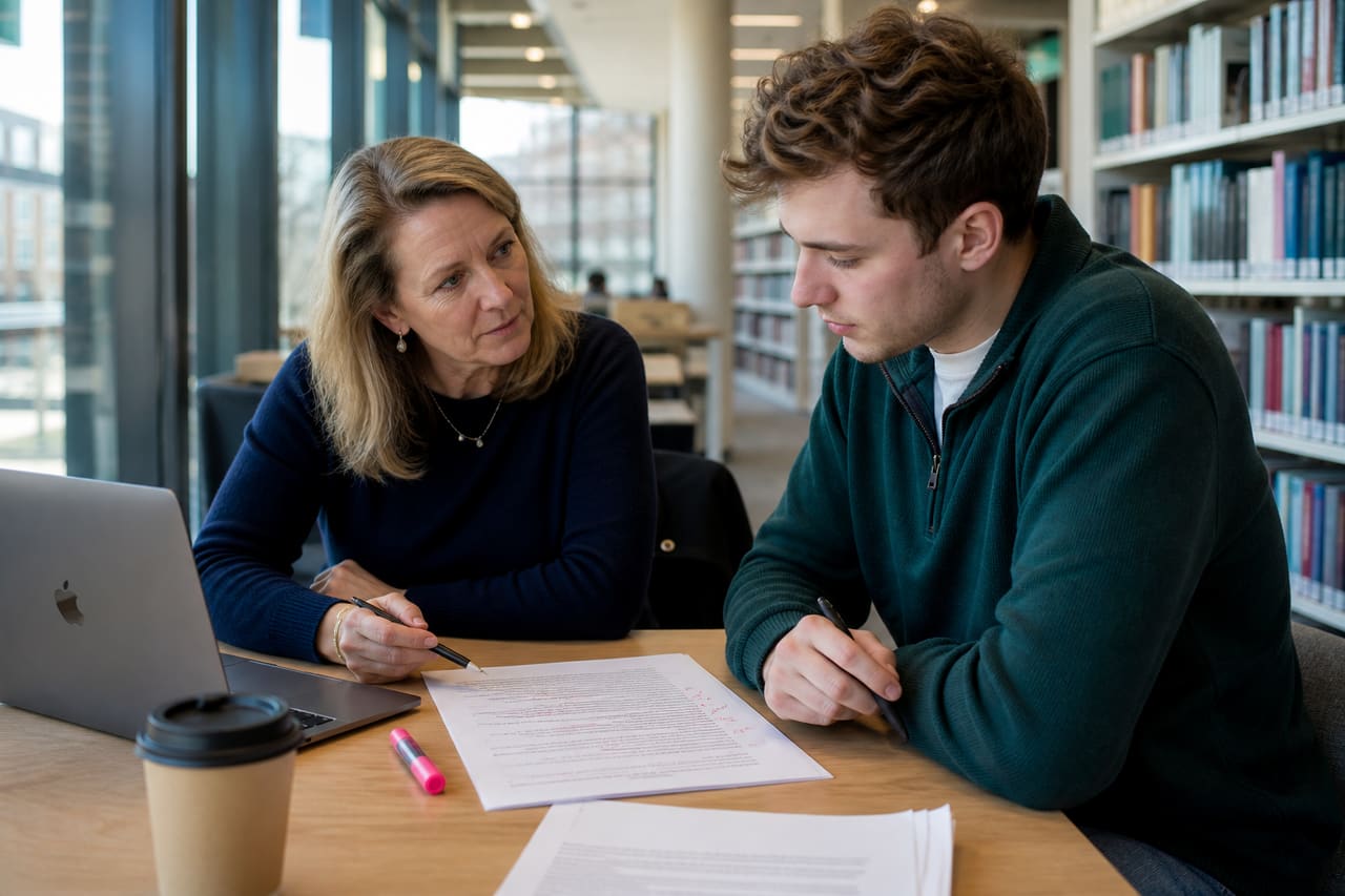 Academic Coach Mentoring a University Student in a Modern Library